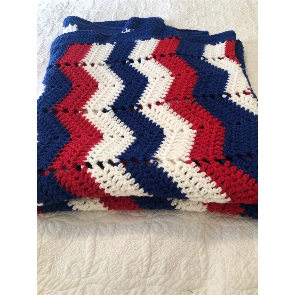 Granny Blanket Crochet Red White Blue Patriotic Americana Handmade Throw 32 X38